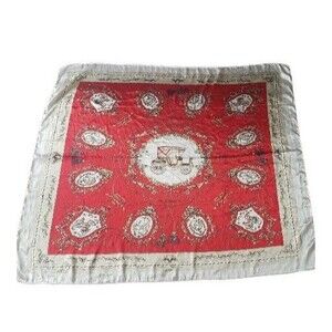 Vintage Red White Silky Scarf Carriage Tassel Horn Bell Leaves 36 x 36 Square